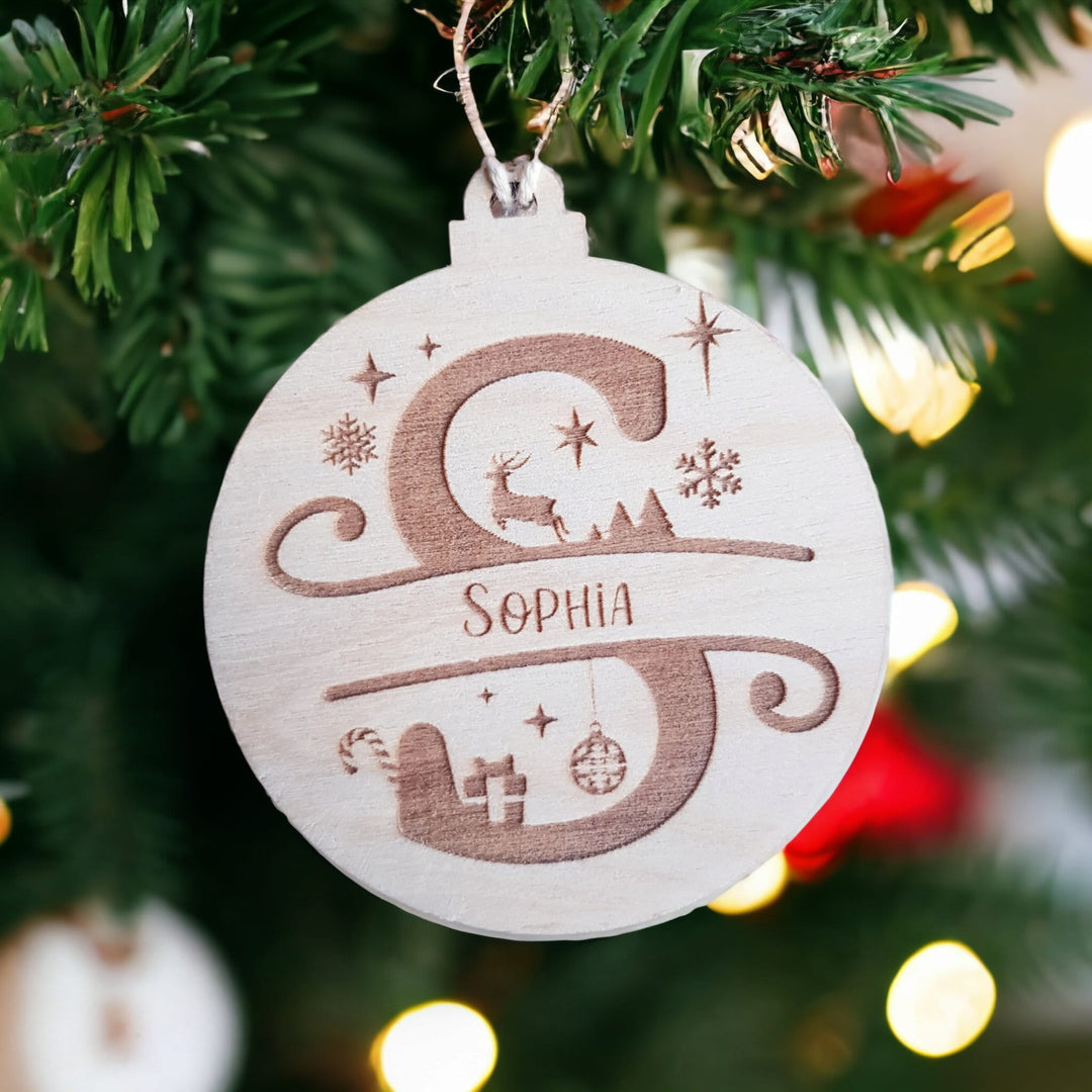 Personalised Split Letter Wooden Bauble - Laser Cut Engraved Christmas Gift Tag