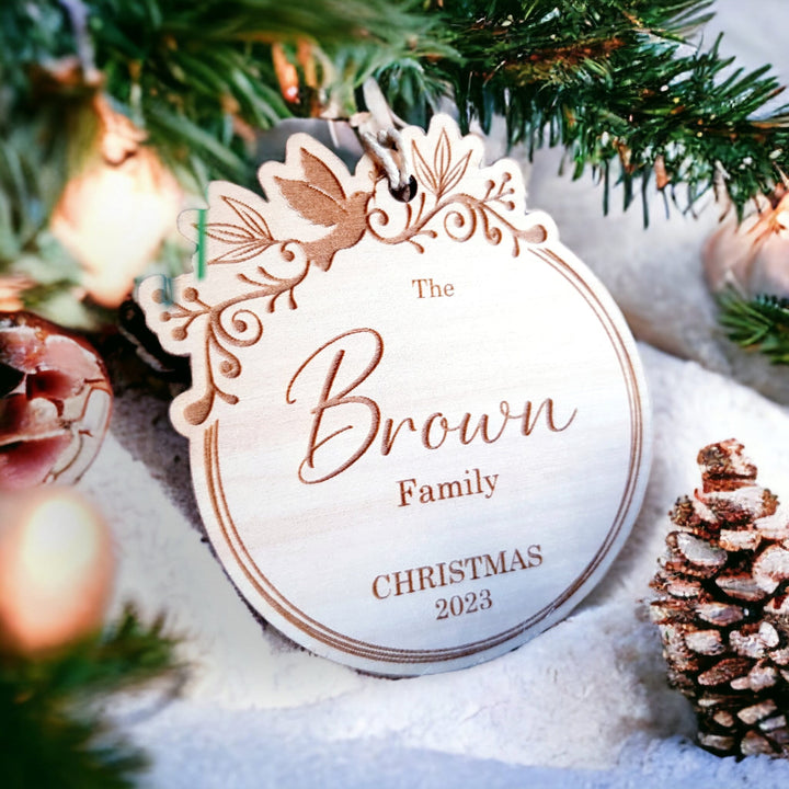 Custom Family Christmas Tree Wooden Bauble - Sentimental First Time Married, Engaged, New Home - Holiday Wreath Gift Keepsake Tag