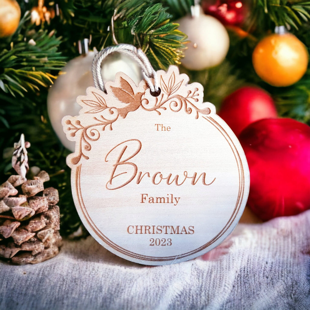 Custom Family Christmas Tree Wooden Bauble - Sentimental First Time Married, Engaged, New Home - Holiday Wreath Gift Keepsake Tag