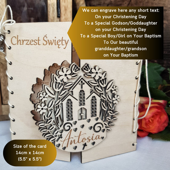 Personalised Wooden Christening Gift Card with Beautiful Church Design