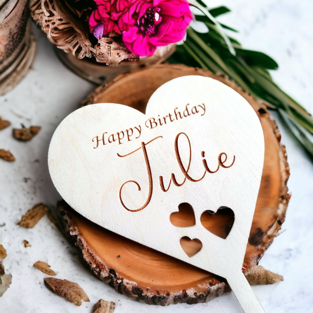 Personalised Wooden Birthday Cake Topper - 3 cutout hearts