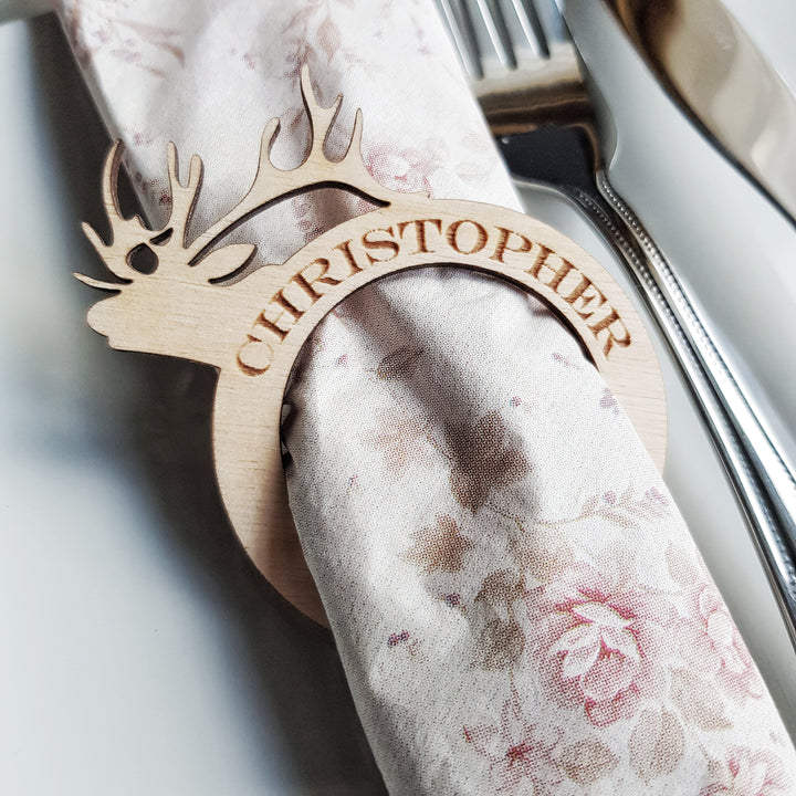 Christmas Personalised Rustic Deer Wooden Napkin Ring, Family Dinner Table Decoration, Winter / Christmas wedding place setting