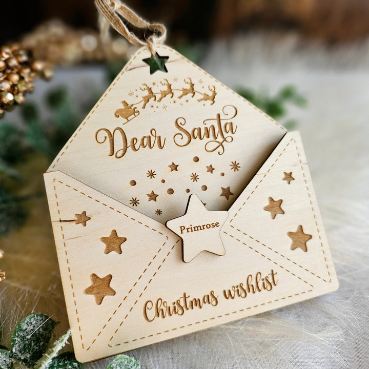 Personalised Wooden Santa Letter Holder, Father Christmas Wishlist Envelope