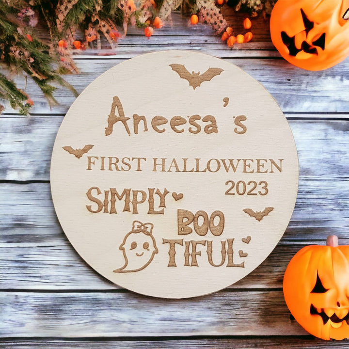 Personalised Wooden First Halloween Disc - Perfect Photo Prop for your Little One and more - Simply BOOtiful