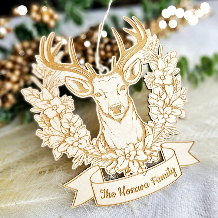 Personalised Wooden Christmas Tree or Wall Family Ornament with Deer Head in Flowers - Deer Head Sign, Deer Antler Decoration, Hunter Gift