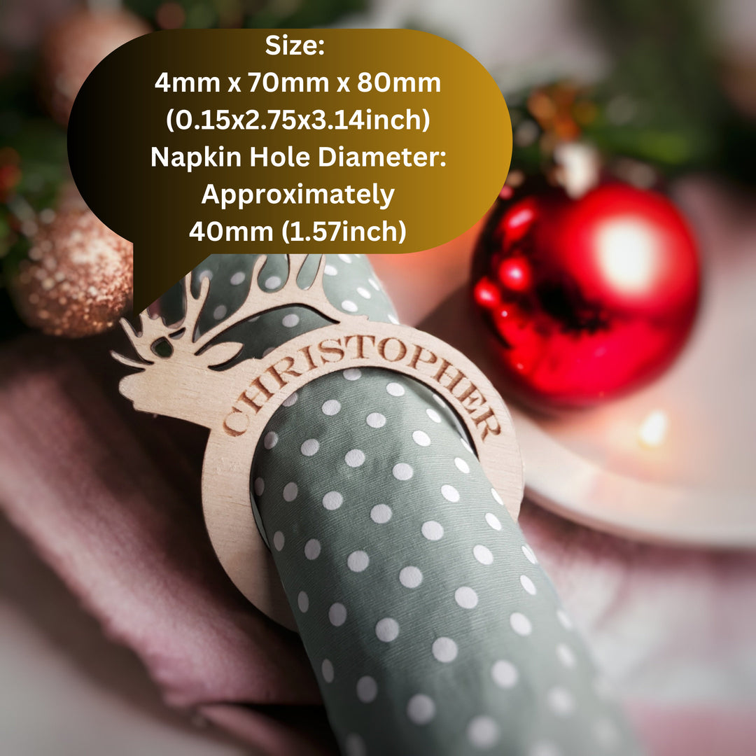 Christmas Personalised Rustic Deer Wooden Napkin Ring, Family Dinner Table Decoration, Winter / Christmas wedding place setting