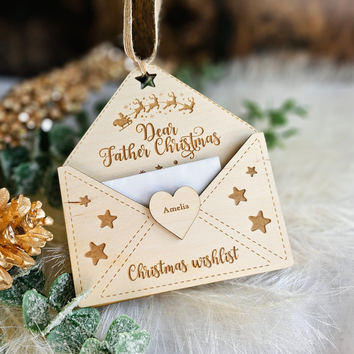 Personalised Wooden Santa Letter Holder, Father Christmas Wishlist Envelope