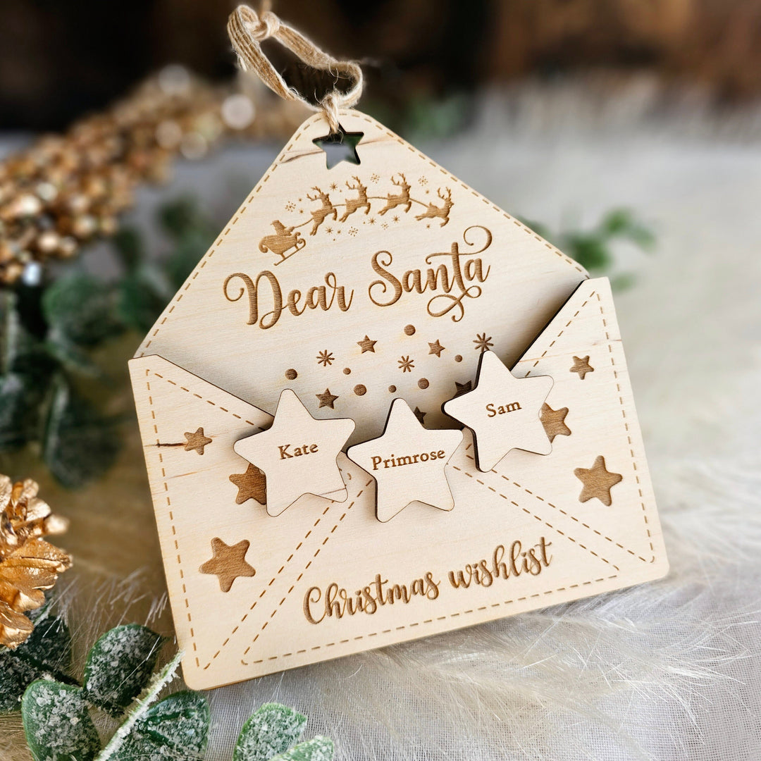 Personalised Wooden Santa Letter Holder, Father Christmas Wishlist Envelope