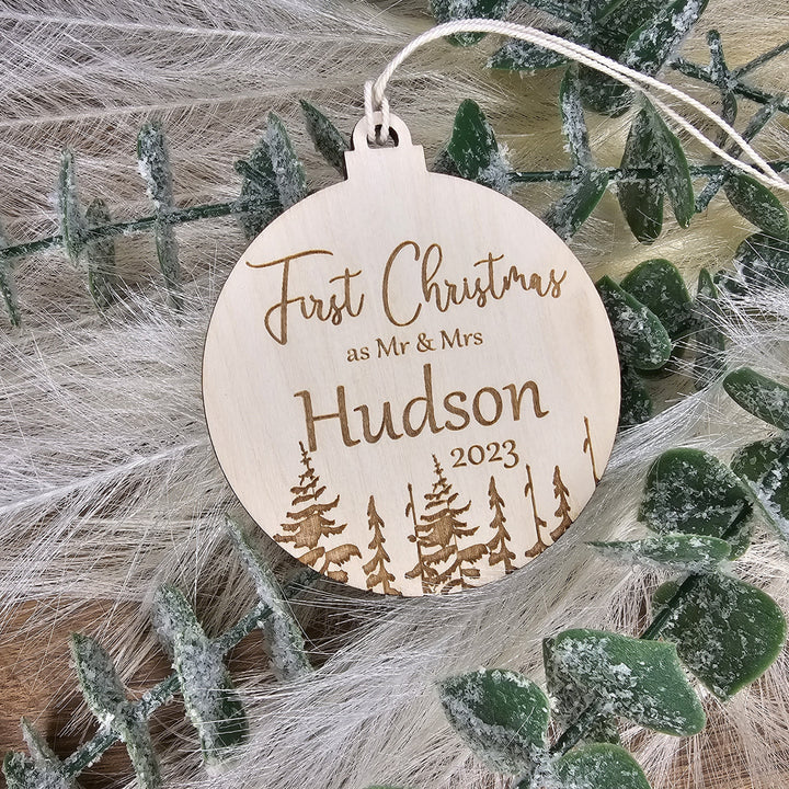 Personalised Wooden Christmas Tree Decoration First Christmas Married as Mr and Mrs, Married, Engaged bauble - Winter Woodland Keepsake