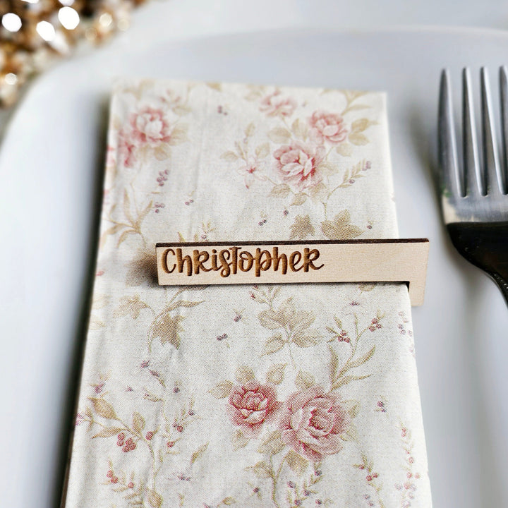 Personalised Place Settings Rustic Napkin Wedding Name Cards - Christmas Dinner Party Table Accessories, Wooden Table Decorations