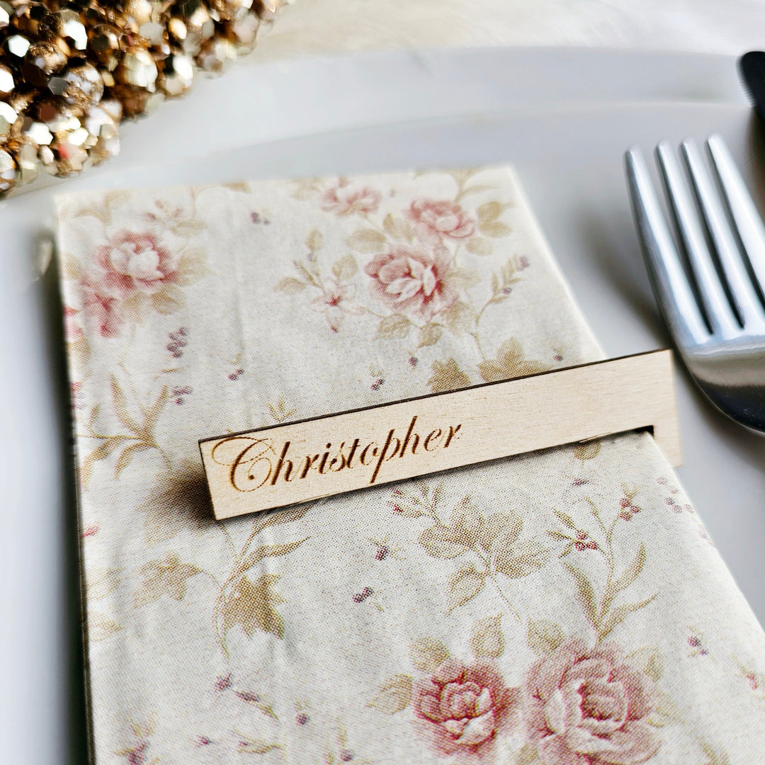 Personalised Place Settings Rustic Napkin Wedding Name Cards - Christmas Dinner Party Table Accessories, Wooden Table Decorations