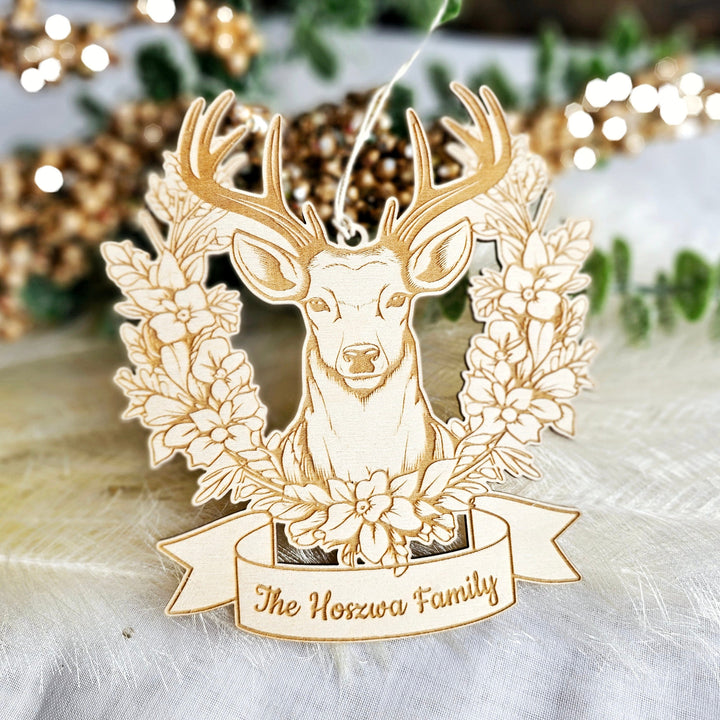 Personalised Wooden Christmas Tree or Wall Family Ornament with Deer Head in Flowers - Deer Head Sign, Deer Antler Decoration, Hunter Gift