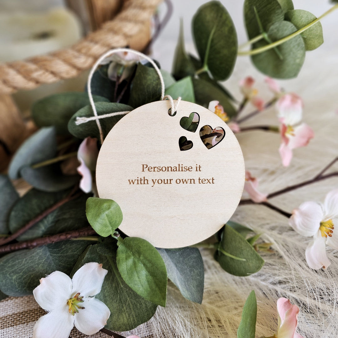 Personalised Wooden Gift Heart Round Tag - 3 hearts