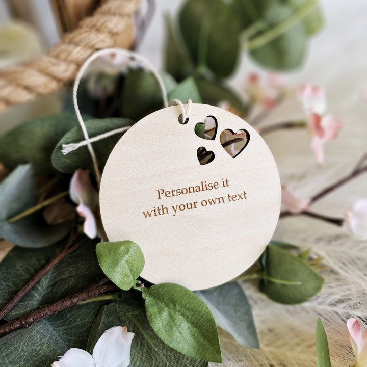 Personalised Wooden Gift Heart Round Tag - 3 hearts