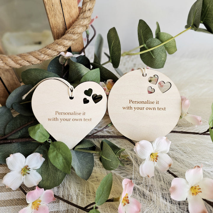 Personalised Wooden Gift Heart Round Tag - 3 hearts