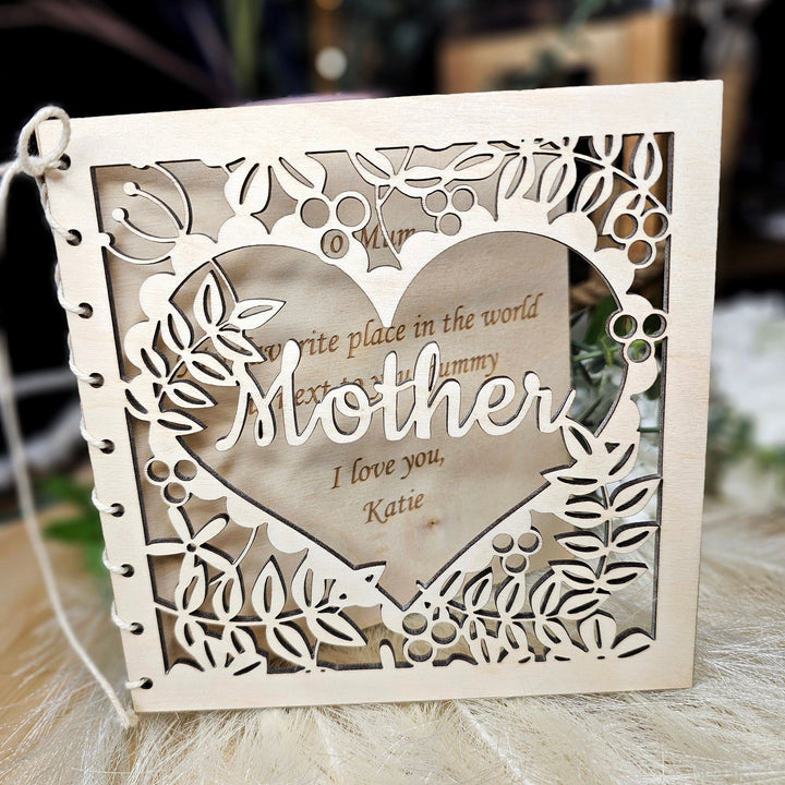 Personalised Mother's Day Wooden Card with Heart of Flowers cutout - Perfect Gift for Mom Mum Stepmother Grandmother Nanny Grandma Granny