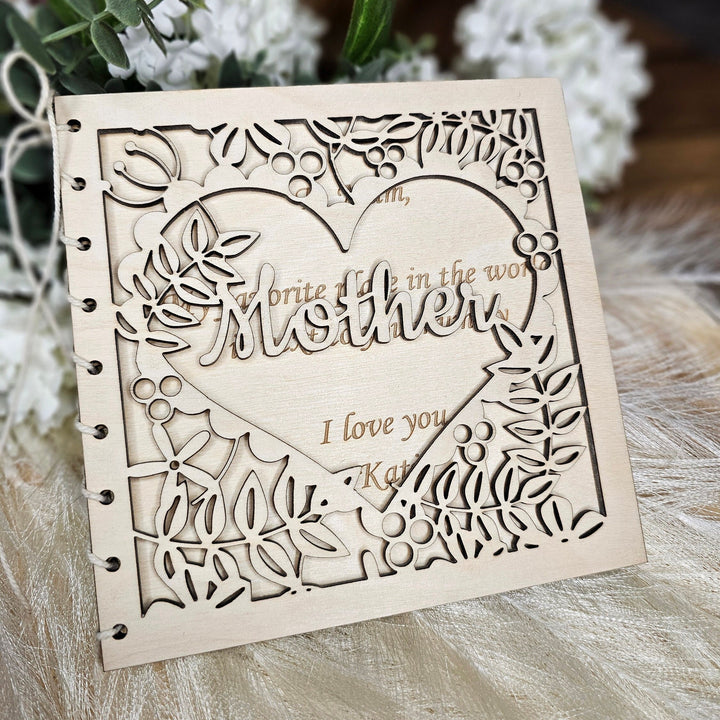 Personalised Mother's Day Wooden Card with Heart of Flowers cutout - Perfect Gift for Mom Mum Stepmother Grandmother Nanny Grandma Granny