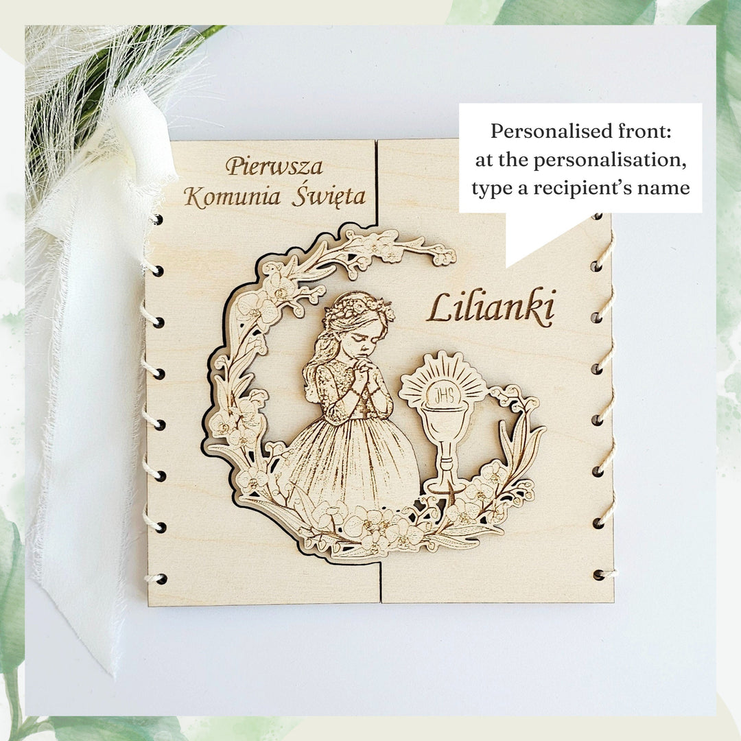 Personalised  First Holy Communion Card, Handmade for Girls Granddaughter Goddaughter Daughter Niece Sister, Religious Wooden Keepsake