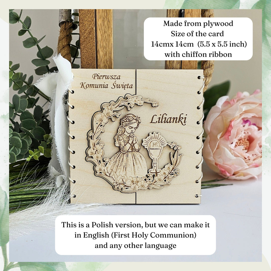 Personalised  First Holy Communion Card, Handmade for Girls Granddaughter Goddaughter Daughter Niece Sister, Religious Wooden Keepsake