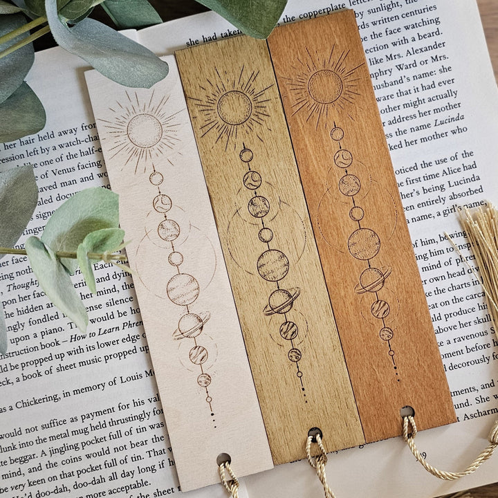 Elegant Wooden Solar System Bookmark - Moon and Planets with Mystical Line Art