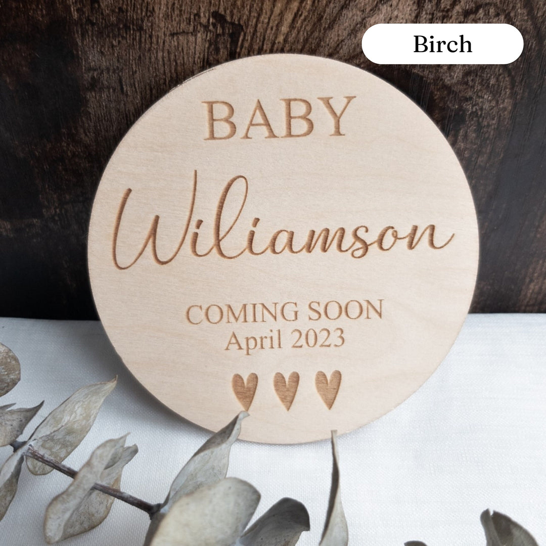 Baby Announcement Plaque Coming Soon, Personalised Wooden Milestone Sign, Photo Props Disc, New Baby Disc Keepsake