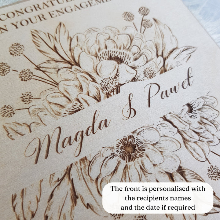 Wooden Engagement Card - Personalised Rustic Floral Keepsake, Happy Couple, Future Mr and Mrs