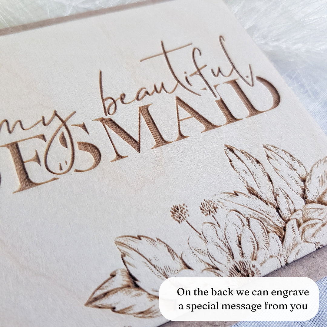 Bridesmaid Wooden Thank You Card - Personalised Rustic Floral Keepsake for Beautiful Maid of Honour, Flower Girl - Bride Squad