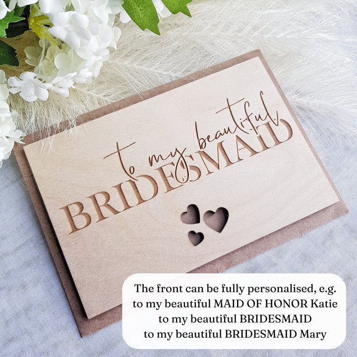 Bridesmaid Wooden Thank You Card - Personalised Rustic Three Hearts Keepsake for Beautiful Maid of Honour, Flower Girl - Bride Squad