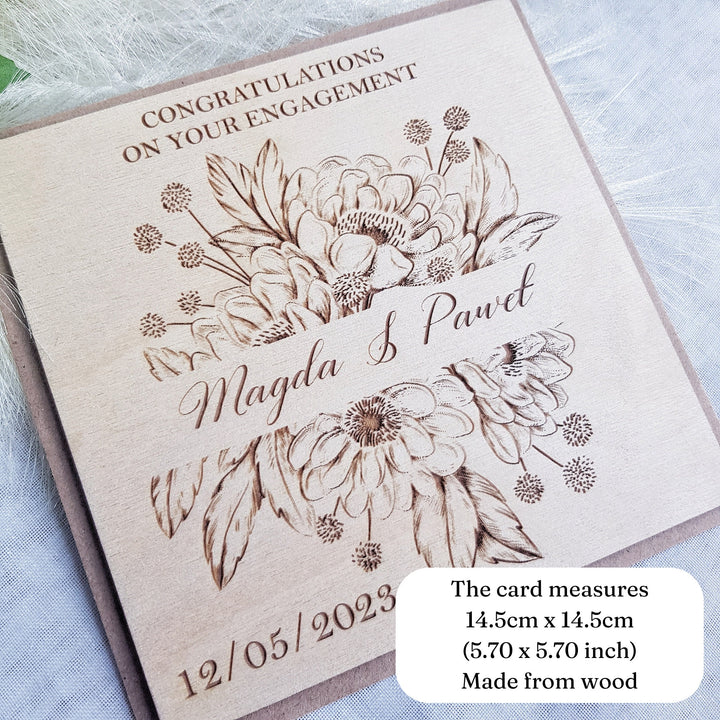 Wooden Engagement Card - Personalised Rustic Floral Keepsake, Happy Couple, Future Mr and Mrs