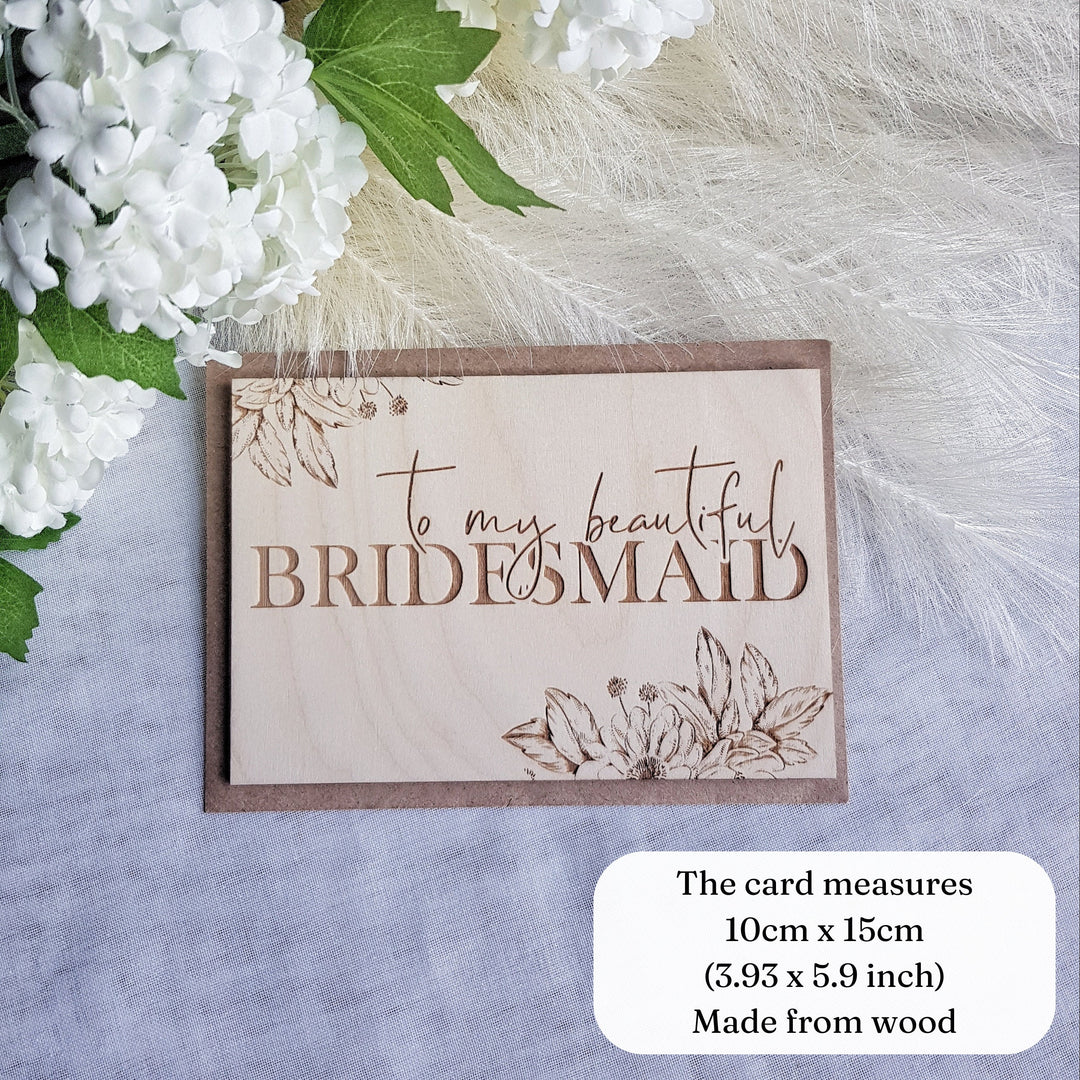 Bridesmaid Wooden Thank You Card - Personalised Rustic Floral Keepsake for Beautiful Maid of Honour, Flower Girl - Bride Squad