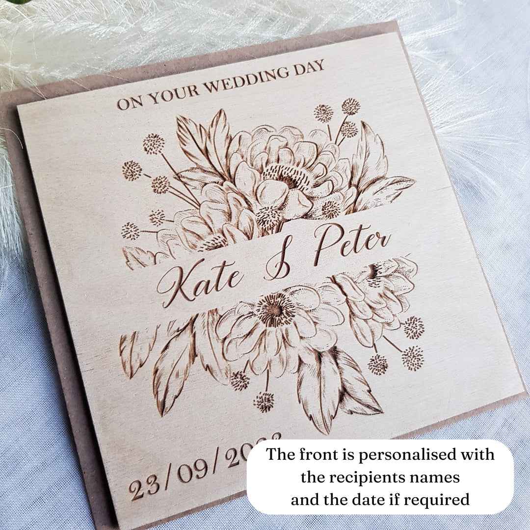 Rustic Floral Wedding Card Keepsake - Personalised Wooden Gift for Mr & Mrs - Happy Couple -Newlyweds