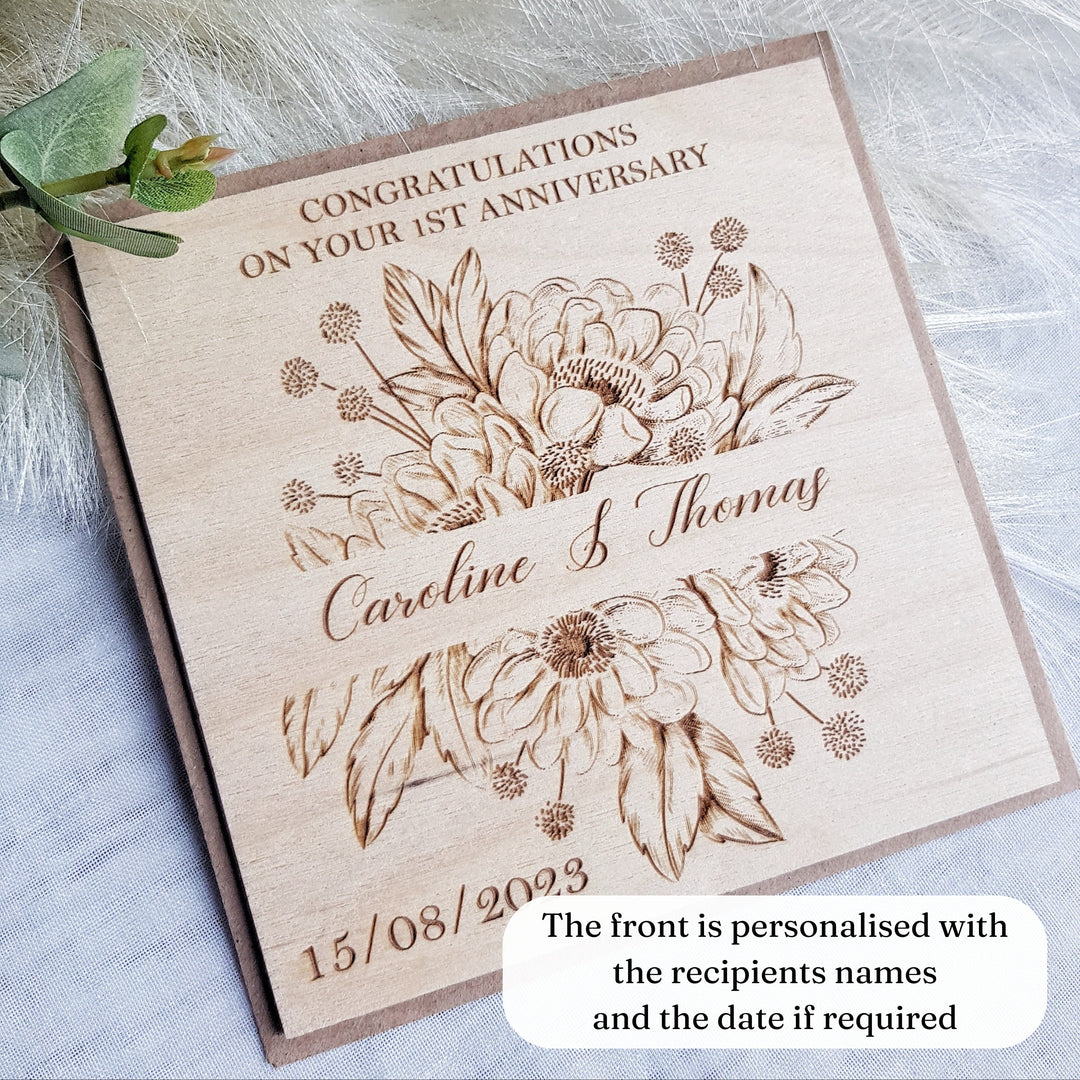 Anniversary Wooden Card - Personalised Rustic Floral Keepsake, Happy Couple, 1st 5th 20th Paper Wood Ruby Golden Oak Wedding Anniversary