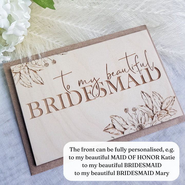 Bridesmaid Wooden Thank You Card - Personalised Rustic Floral Keepsake for Beautiful Maid of Honour, Flower Girl - Bride Squad