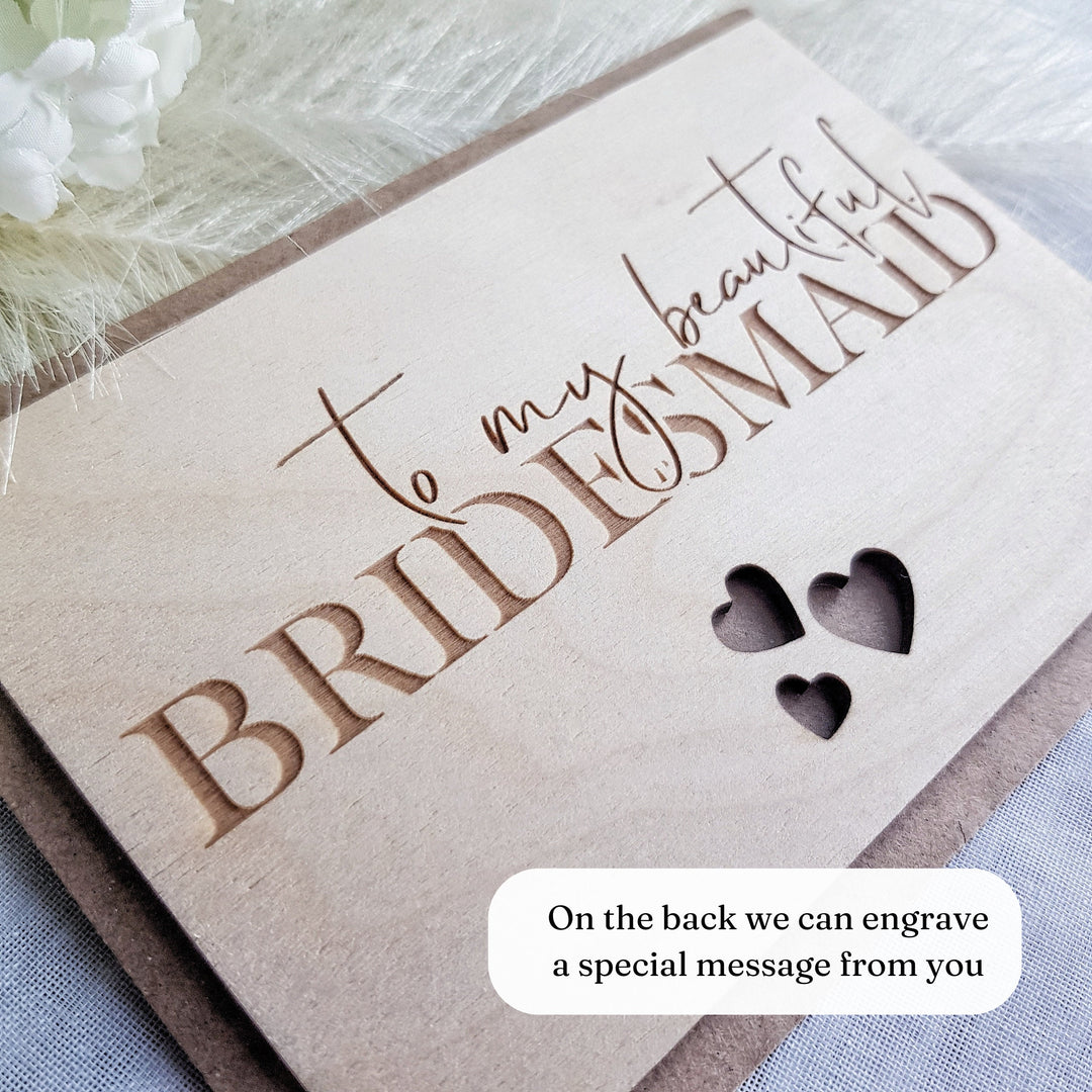 Bridesmaid Wooden Thank You Card - Personalised Rustic Three Hearts Keepsake for Beautiful Maid of Honour, Flower Girl - Bride Squad