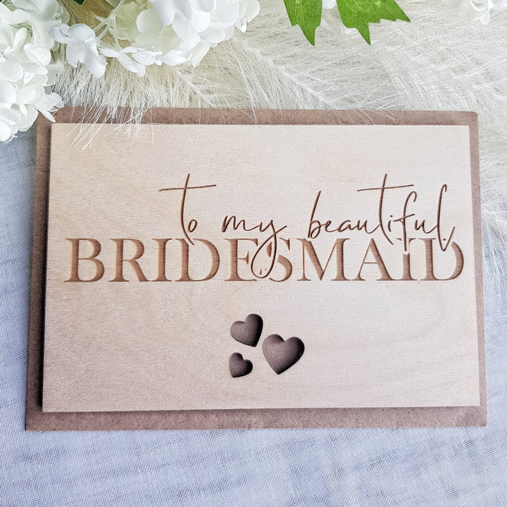 Bridesmaid Wooden Thank You Card - Personalised Rustic Three Hearts Keepsake for Beautiful Maid of Honour, Flower Girl - Bride Squad