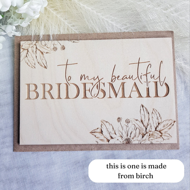 Bridesmaid Wooden Thank You Card - Personalised Rustic Floral Keepsake for Beautiful Maid of Honour, Flower Girl - Bride Squad