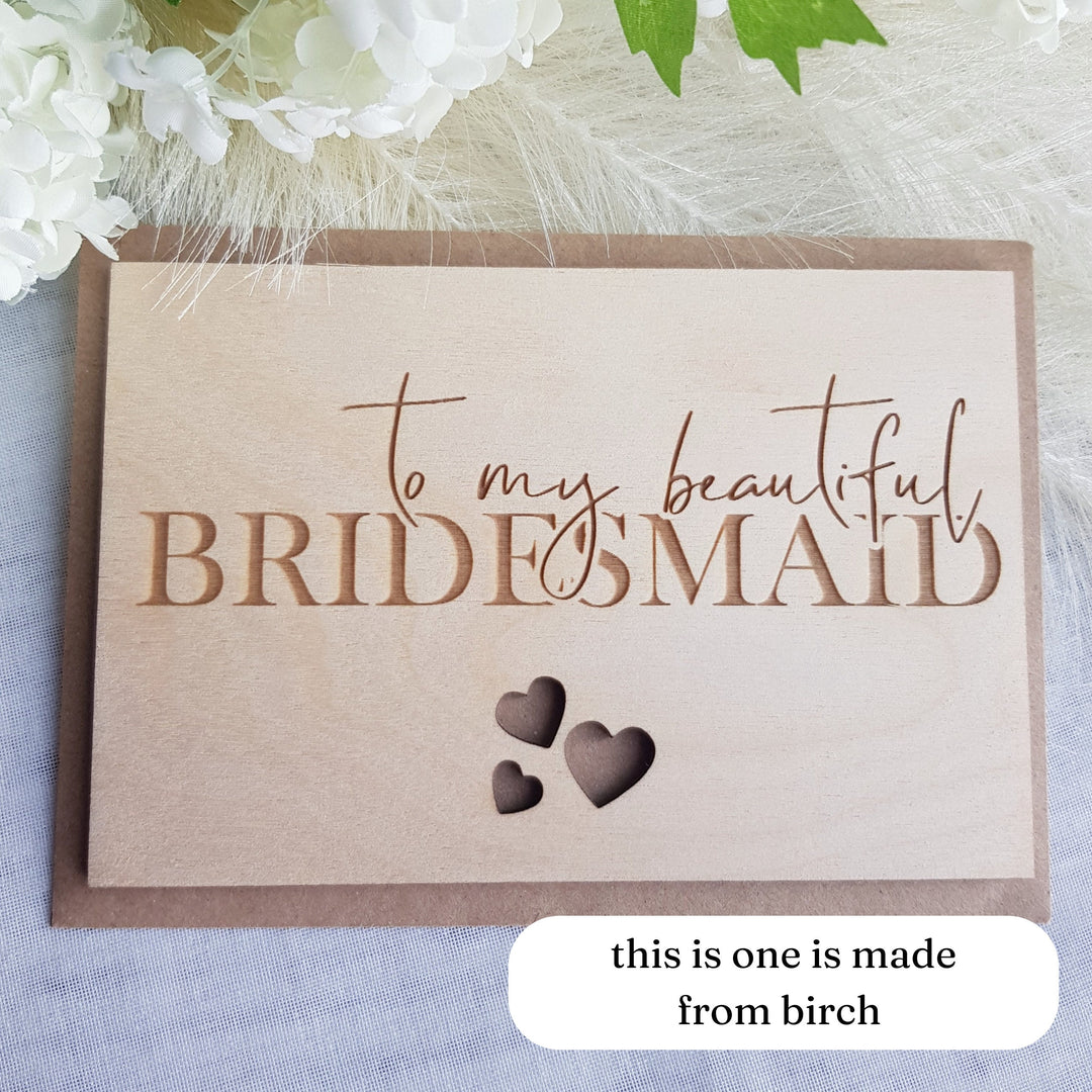 Bridesmaid Wooden Thank You Card - Personalised Rustic Three Hearts Keepsake for Beautiful Maid of Honour, Flower Girl - Bride Squad