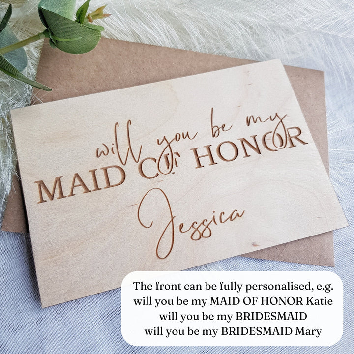 Personalised Will You Be My Maid Of Honor Card, Wooden Wedding Proposal Card, Bridesmaid, Flower Girl - Bride Squad