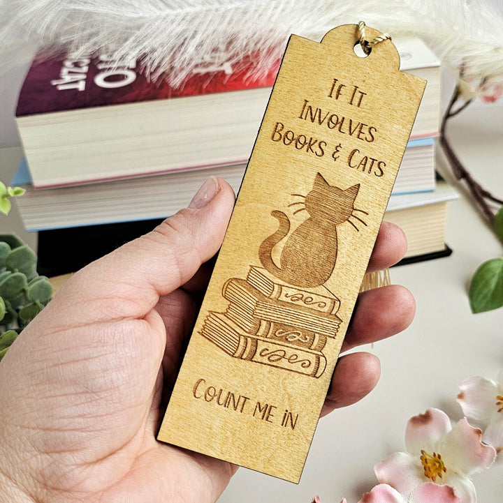 Cat and Books Lover's Engraved Wooden Bookmark - Custom Gift for Readers