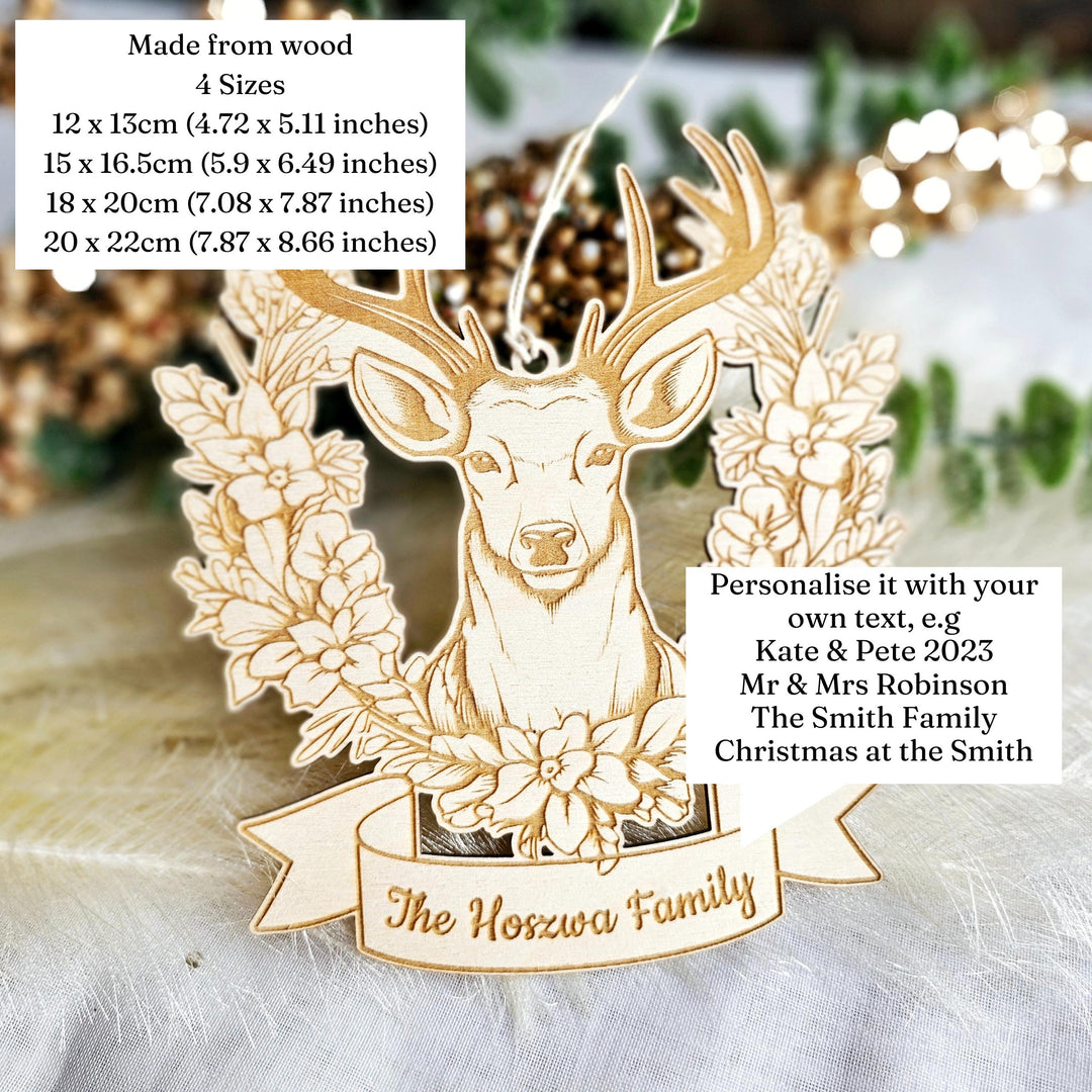 Personalised Wooden Christmas Tree or Wall Family Ornament with Deer Head in Flowers - Deer Head Sign, Deer Antler Decoration, Hunter Gift