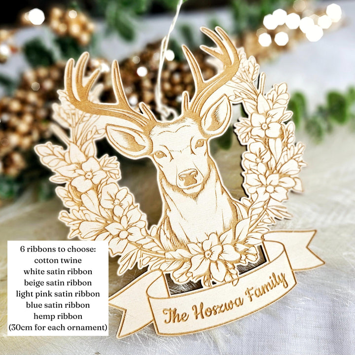 Personalised Wooden Christmas Tree or Wall Family Ornament with Deer Head in Flowers - Deer Head Sign, Deer Antler Decoration, Hunter Gift