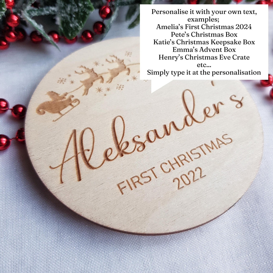 Personalised Baby First Christmas Plaque, Christmas Eve Box / Crate label, Milestone Card Photo Prop Disc, Social Media Flat Lay Prop