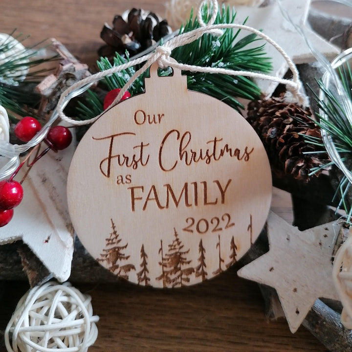 Wooden Christmas tree decoration, First Christmas as Family, Xmas ornament, Eco Christmas Bauble, Personalised Christmas gift