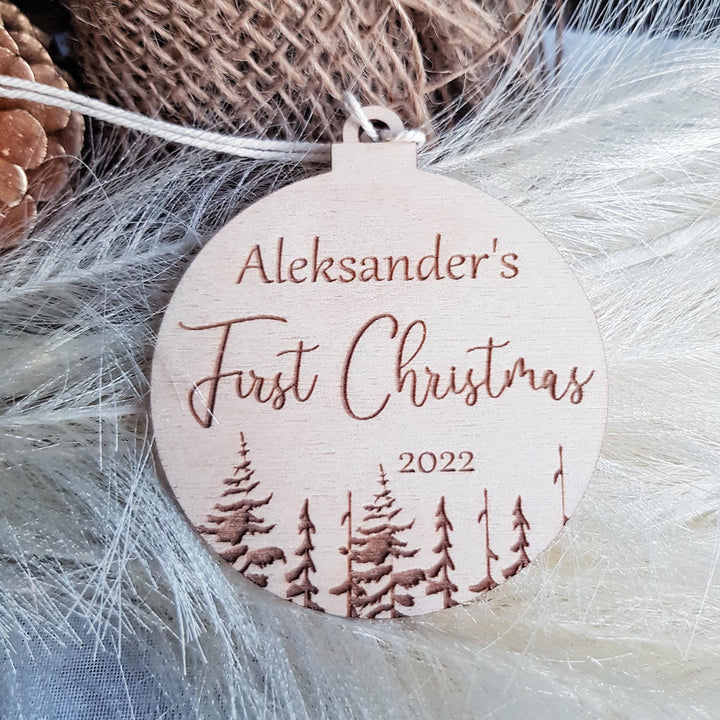 Personalised Wooden Baby's First Christmas Tree Decoration - Rustic Eco Xmas Bauble Gift or Keepsake - Winter Woodland Keepsake