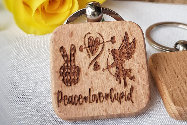 Wooden Keyring - Peace Love Cupid