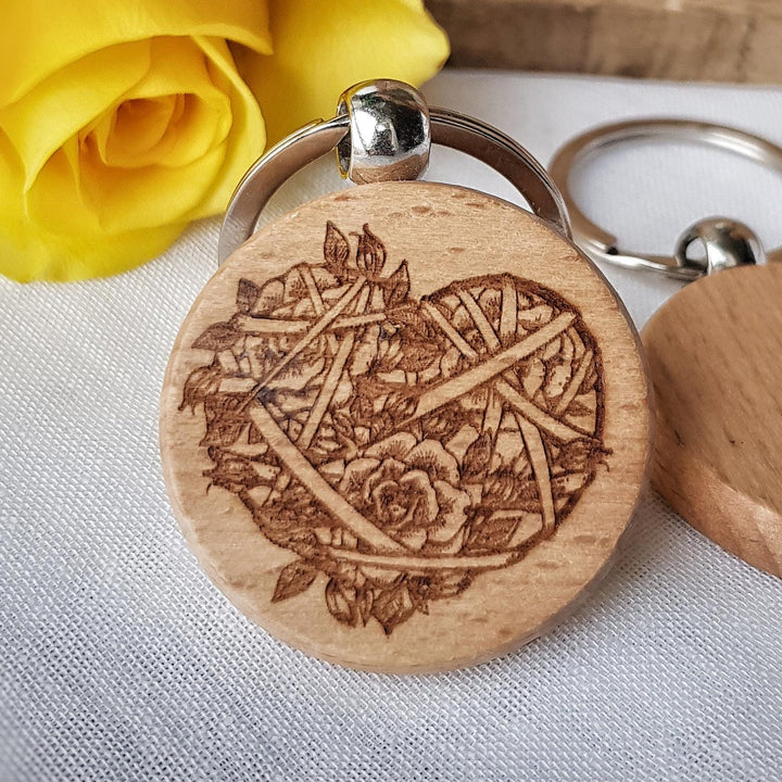 Boho Floral Rose Heart Wooden Keyring