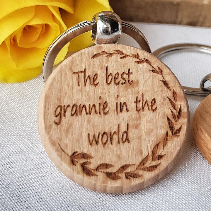 Personalised Wooden Keyring The best grannie in the world