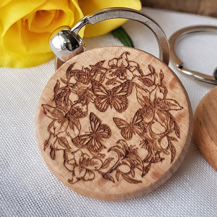 Wooden Keyring Boho Floral Butterflies