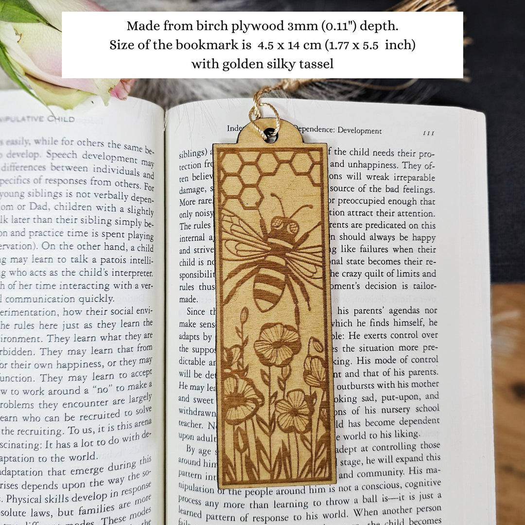 Bee Wooden Bookmark, Personalised Laser Engraved Gift for Book Lover