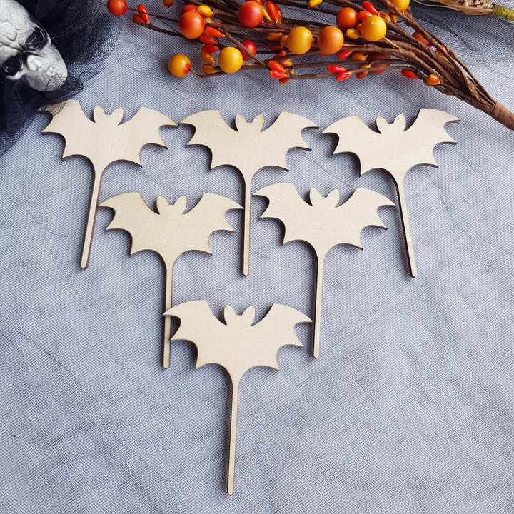 Set of 6 Wooden Halloween Cupcake Toppers Picks, Spooky Bats Party Decorations